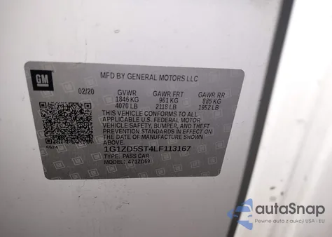 2020 Chevrolet Malibu Fwd Lt z USA, uszkodzony, nr VIN 1G1ZD5ST4LF113167